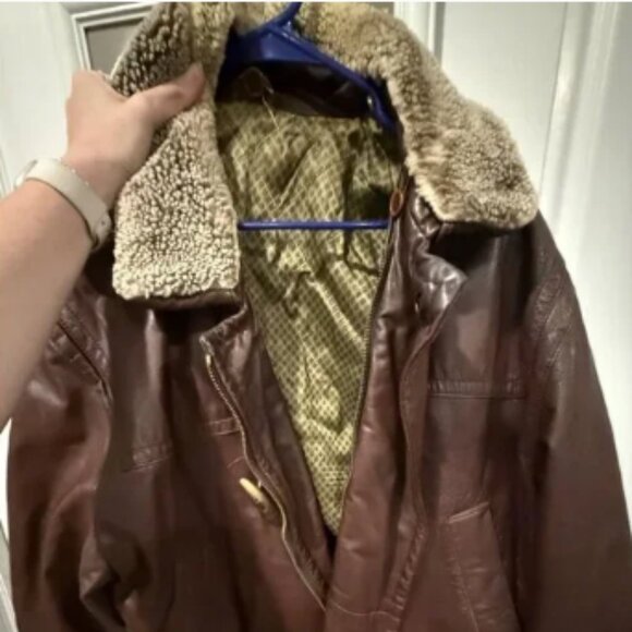 Vintage Hugo Boss brown leather bomber jacket shearling sz L - Picture 1 of 7